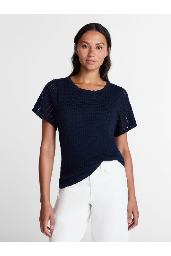 Women's Textured Crewneck Sweater with Short Sleeves, Lightweight, Sizes XS-XXXL