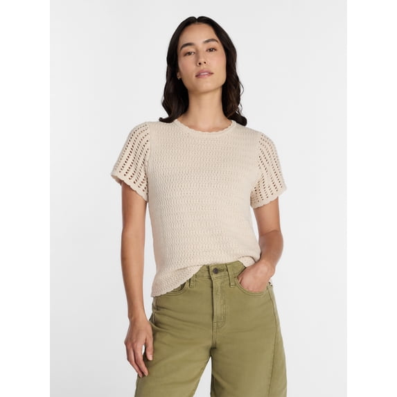 Time and Tru Women's Textured Crewneck Sweater with Short Sleeves, Lightweight, Sizes XS-XXXL
