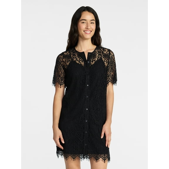 Time and Tru Women's Mini Lace Shirtdress, Sizes XS-XXXL