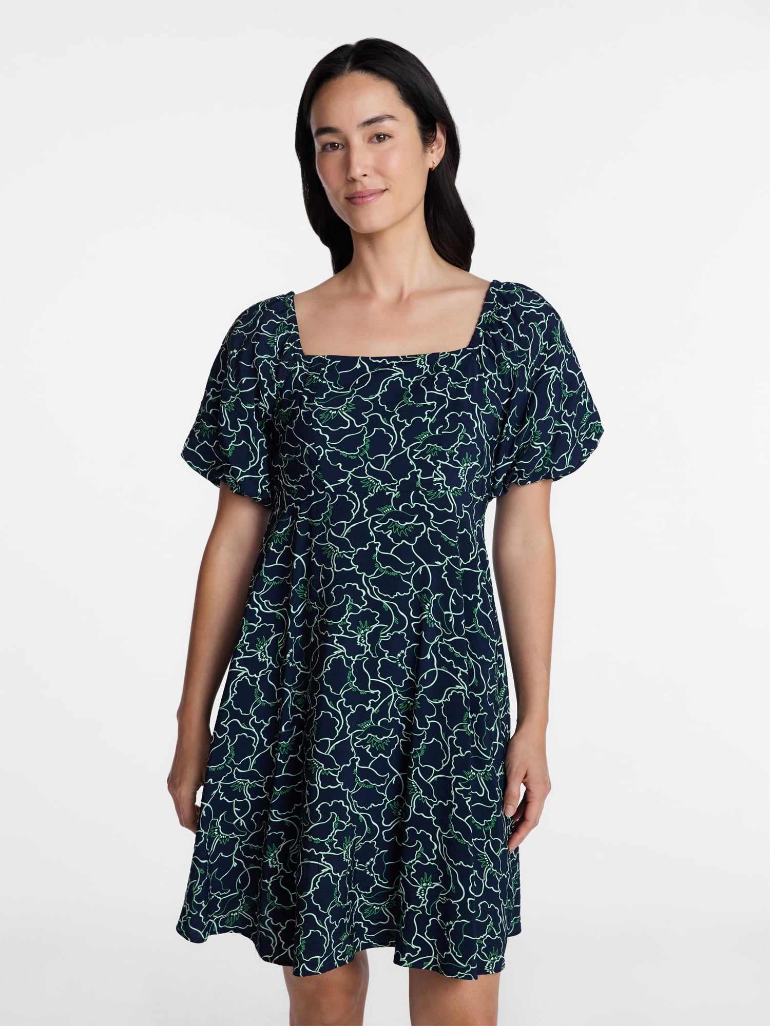 Time and Tru Women's Mini Dress with Puff Sleeves, Sizes XS-XXXL