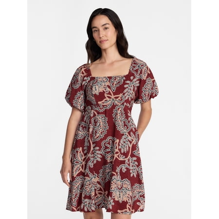 Time and Tru Women's Airflow Mini Dress with Puff Sleeves, Sizes XS-XXXL