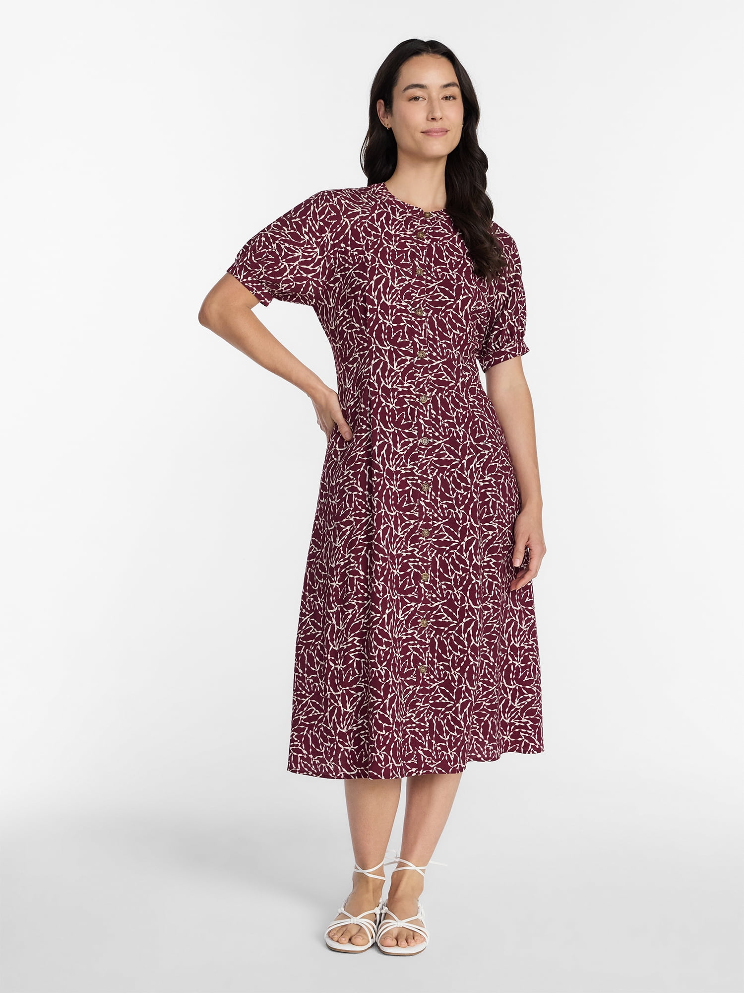 Time and Tru Women's Pleated Midi Shirtdress, Sizes XS-XXXL