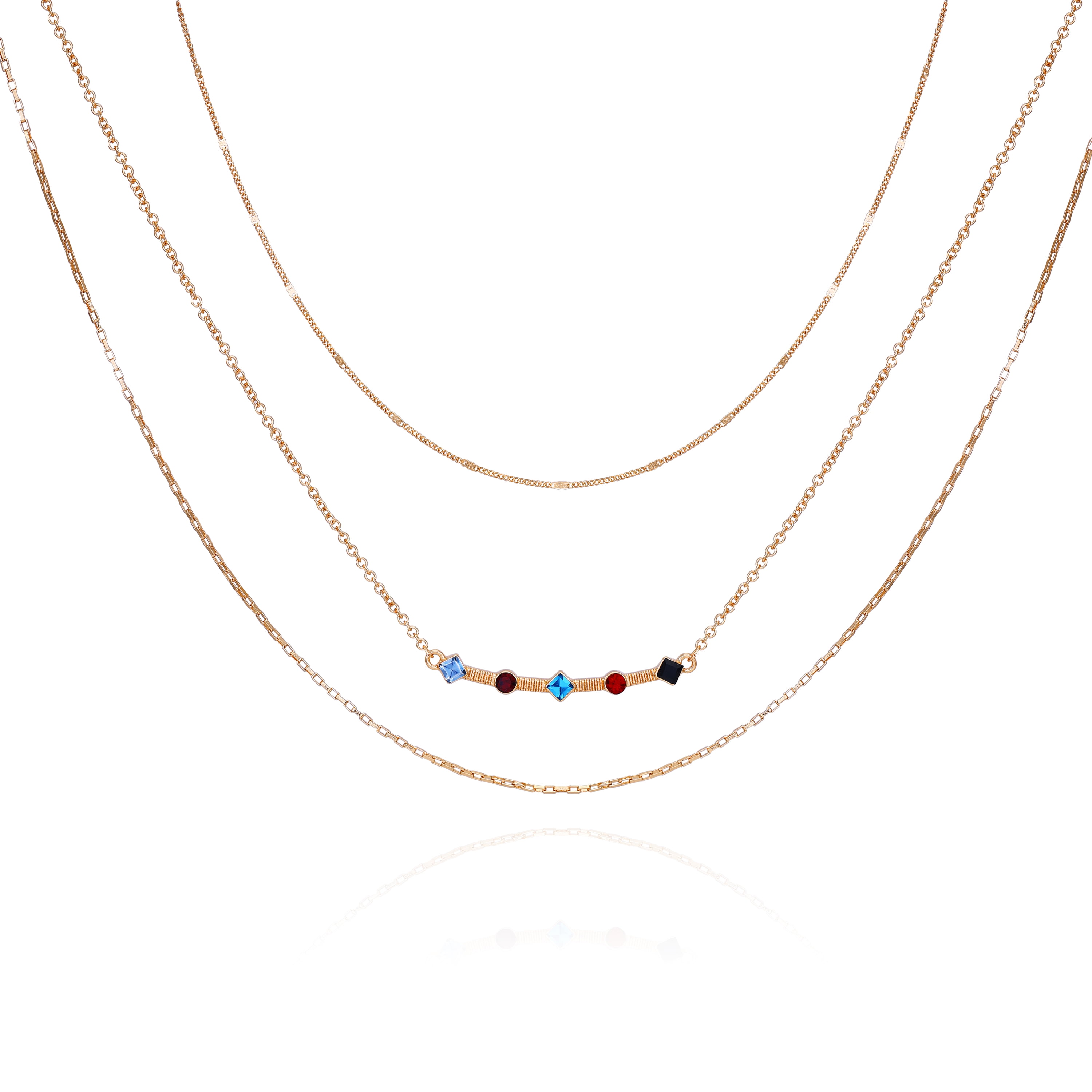 Time and Tru Women's 16" Gold Tone Delicate Layered Necklace with Gemstone Bar Station