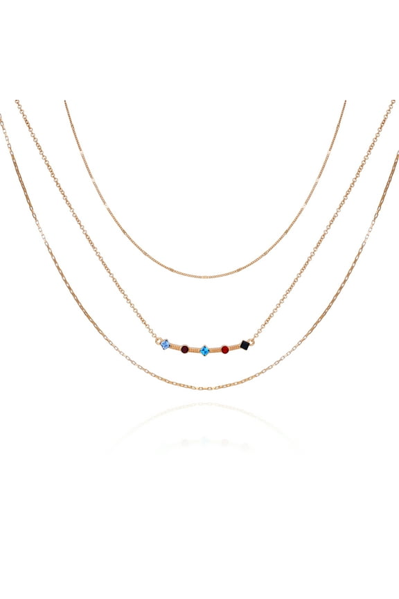 Women's 16" Gold Tone Delicate Layered Necklace with Gemstone Bar Station