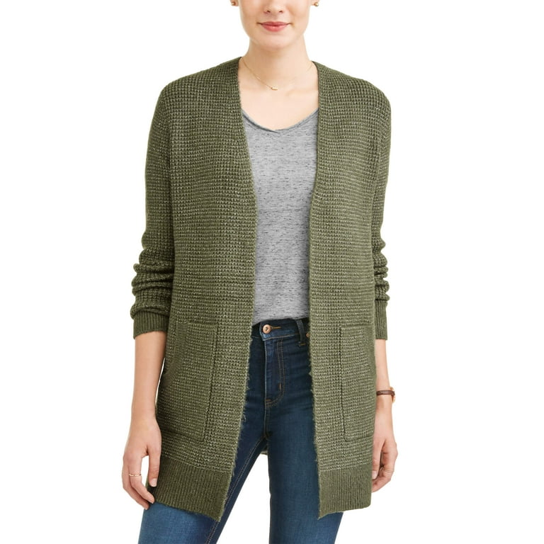 Time and Tru Women s 2 Pocket Waffle Cardigan Walmart