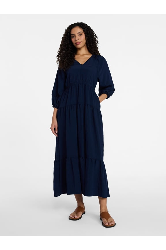 Women's Tiered Maxi Dress with 3/4 Length Sleeves, Sizes XS-XXXL