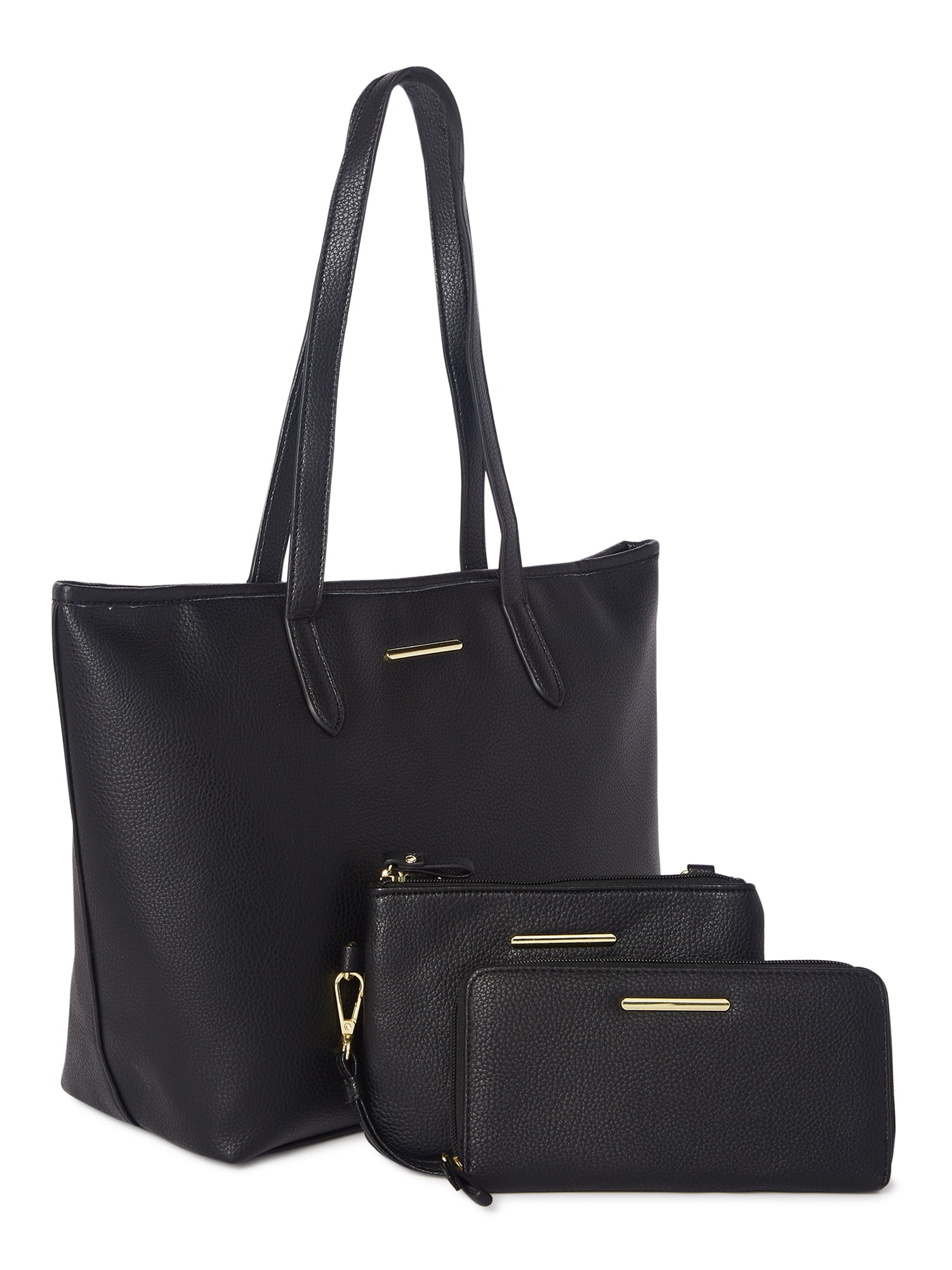 Time and Tru Women's 3 Piece Tote Handbag Set Black Print 