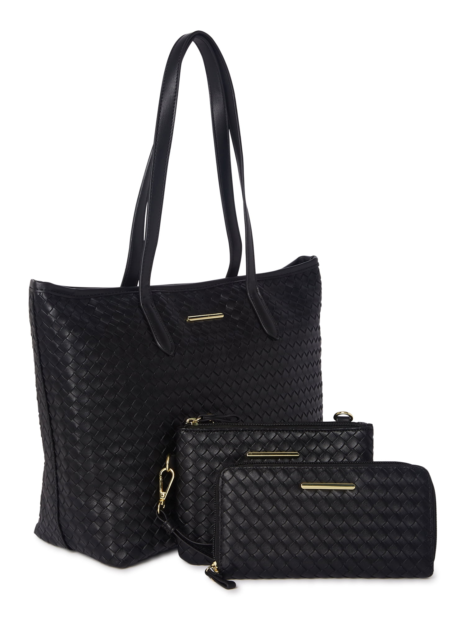 Time and Tru Women's 3 in 1 Tote Bag 3-Piece Set Cognac Woven 