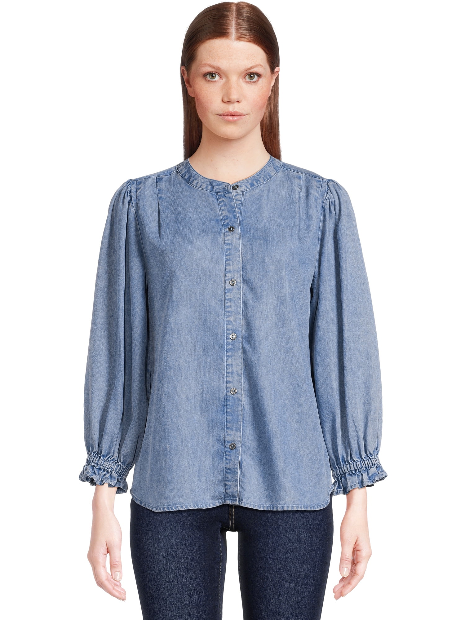 Time and Tru Women’s Acid-Washed Top with Puff Sleeves, Sizes XS-3XL ...