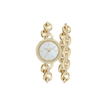 Time and Tru Women's Adult Gold Tone Faux Crystal Bezel Watch and Bracelet Set, 2-Piece