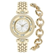 TIME AND TRU Women's Adult Gold Tone Floating Bezel Watch and Faux Crystal Bracelet Set, 2-Piece