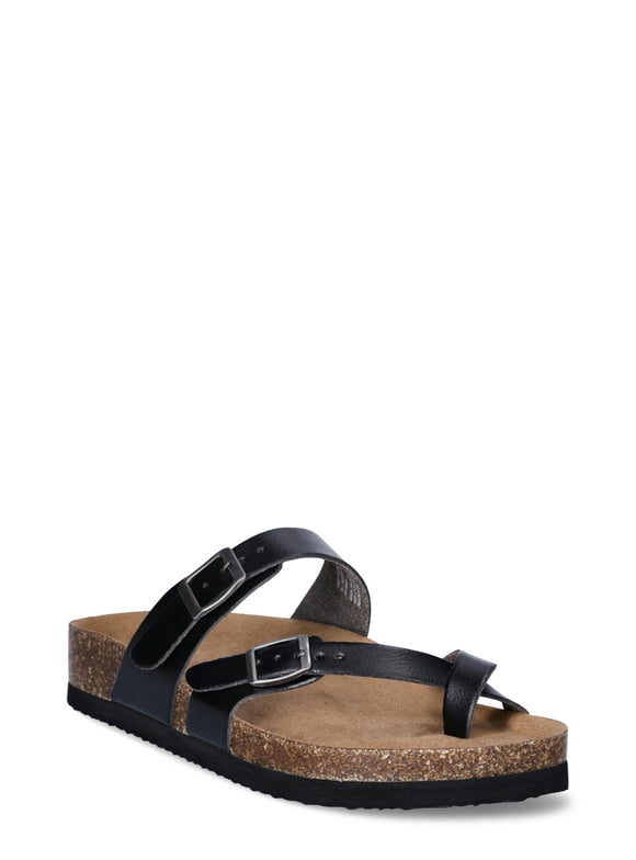 Time and Tru Women's Asymmetric Strap Flat Footbed Sandals, Sizes 6-11, Wide Width Available