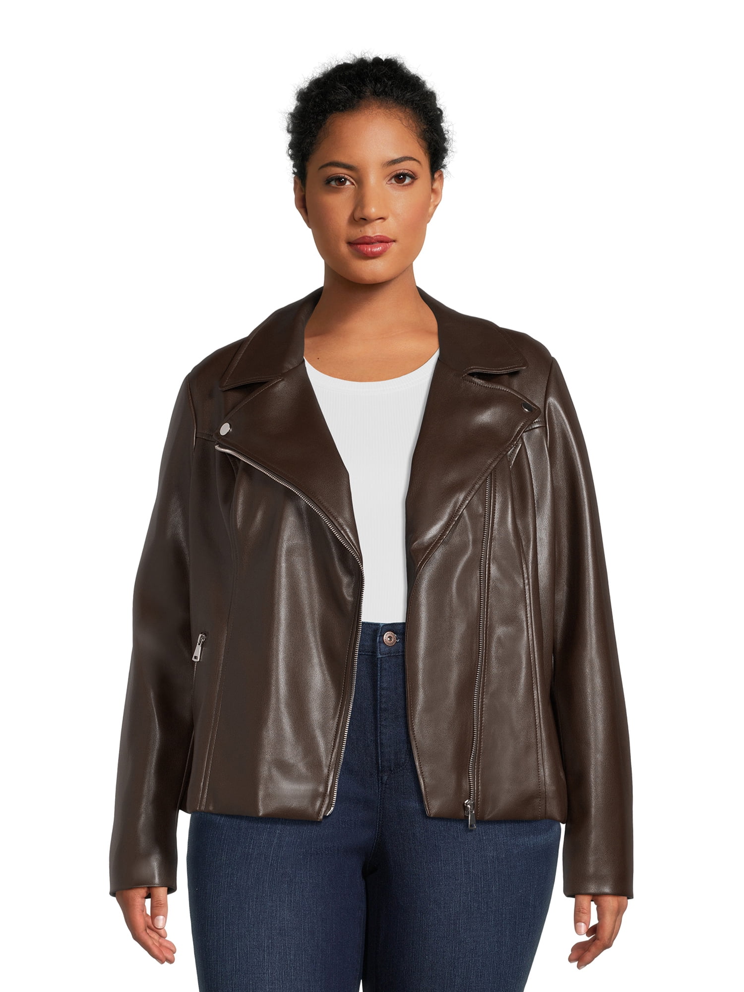 Time and Tru Women's Asymmetrical Faux Leather Jacket, Sizes XS-3X 