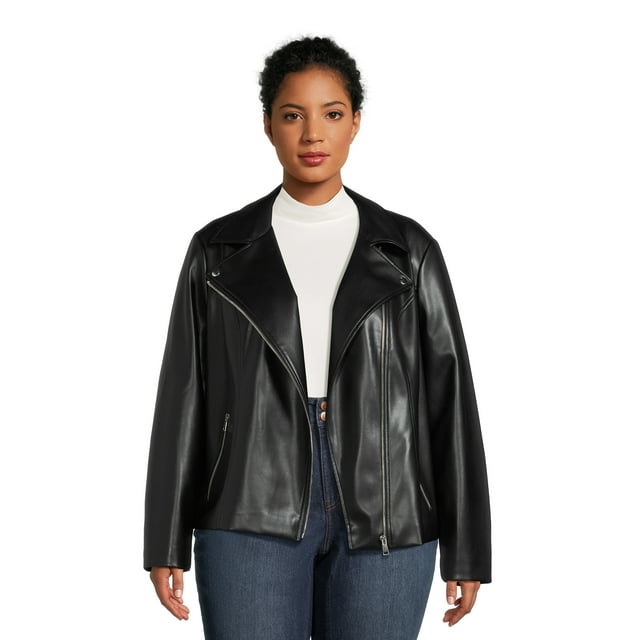 Time and Tru Women's Asymmetrical Faux Leather Jacket, Sizes XS-3X ...