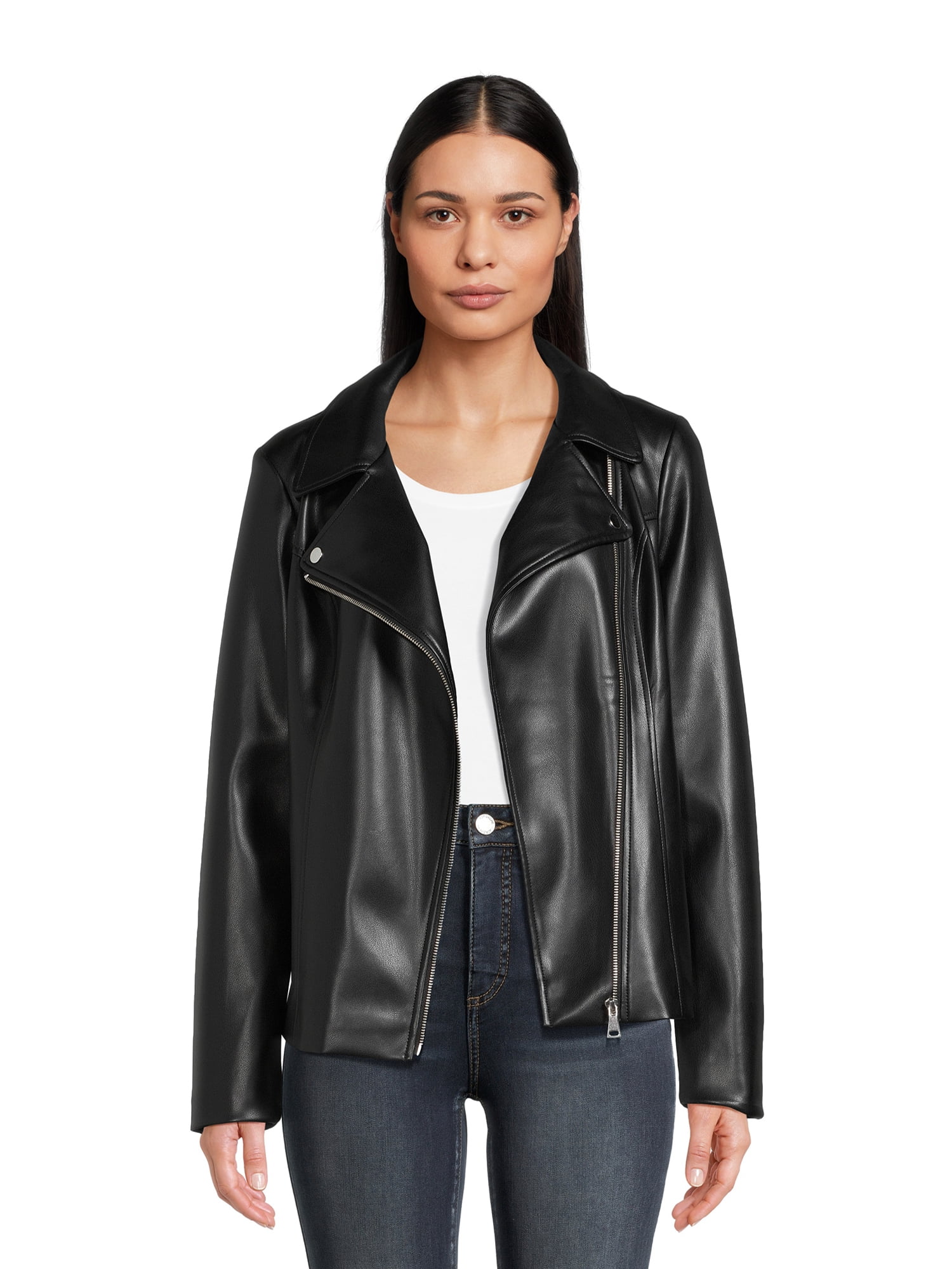 Time and Tru Women's Asymmetrical Faux Leather Jacket, Sizes XS-3X ...