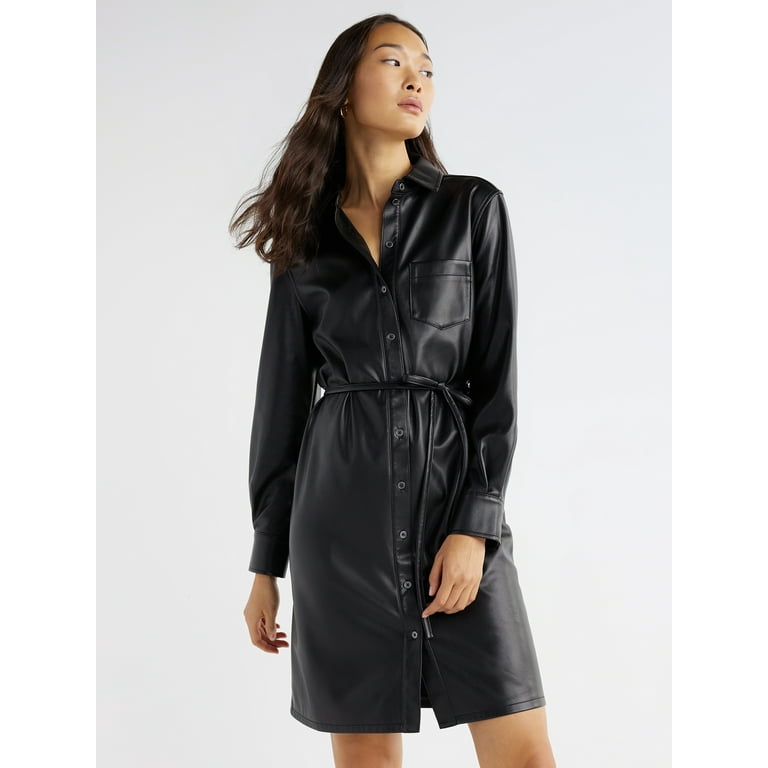 Time and Tru Women's Belted Faux Leather Shirt Dress, Sizes Xs-xxl, Size: Small, Black