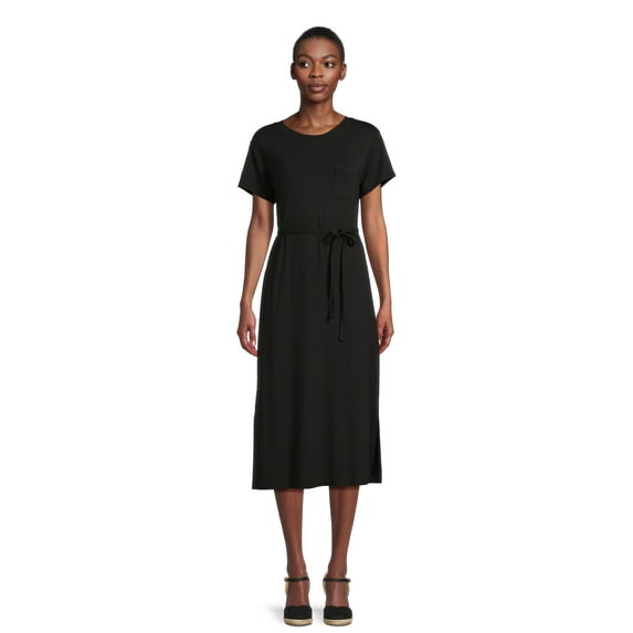 Time and Tru Women's Belted Knit Dress with Side Slits, Sizes XS-XXXL