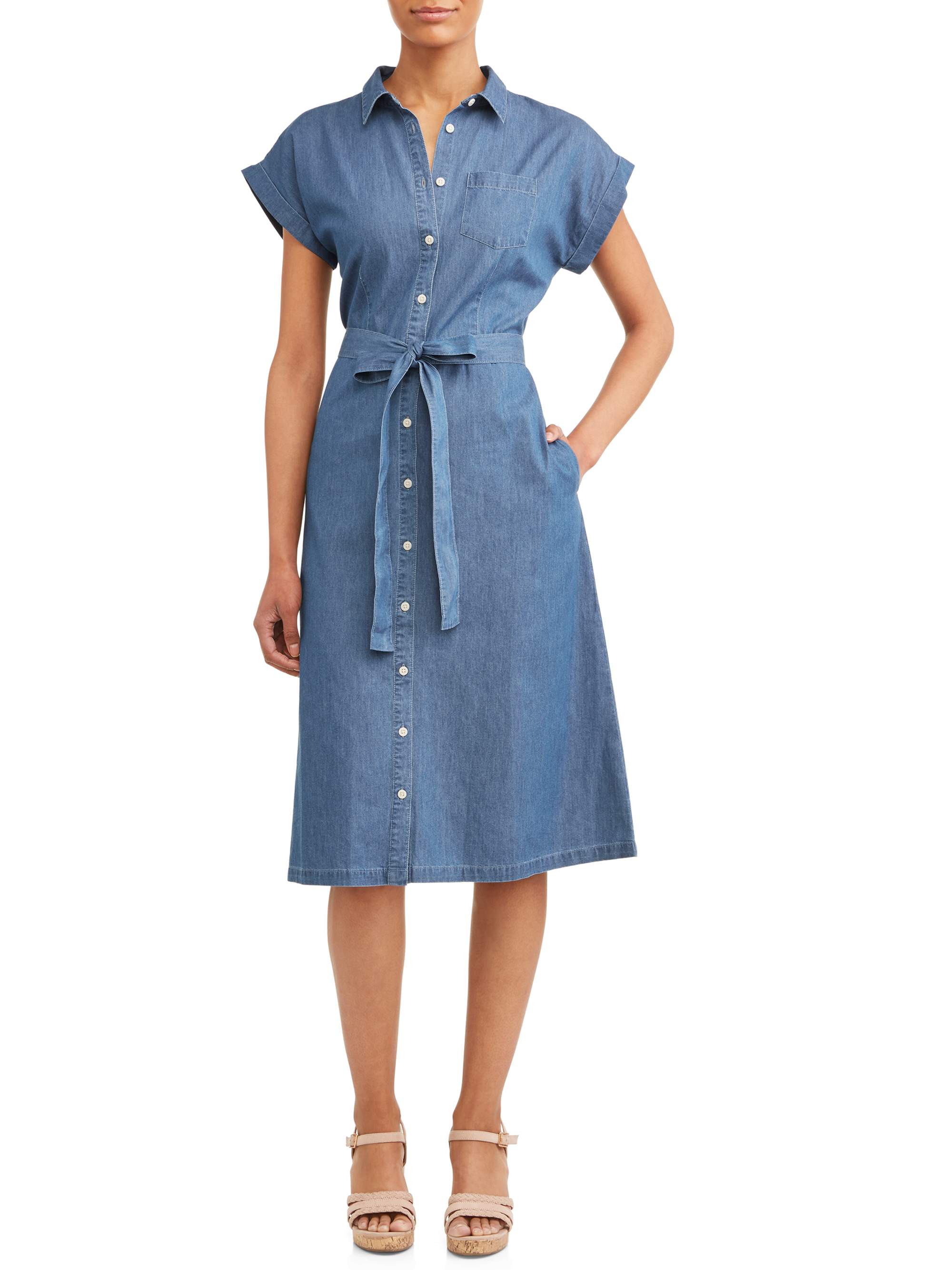Time and Tru Women's Belted Midi Shirt Dress with Pocket - image 1 of 3