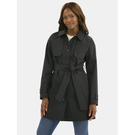 Time and Tru Women's Belted Trench Coat, Midweight, Sizes XS-2X