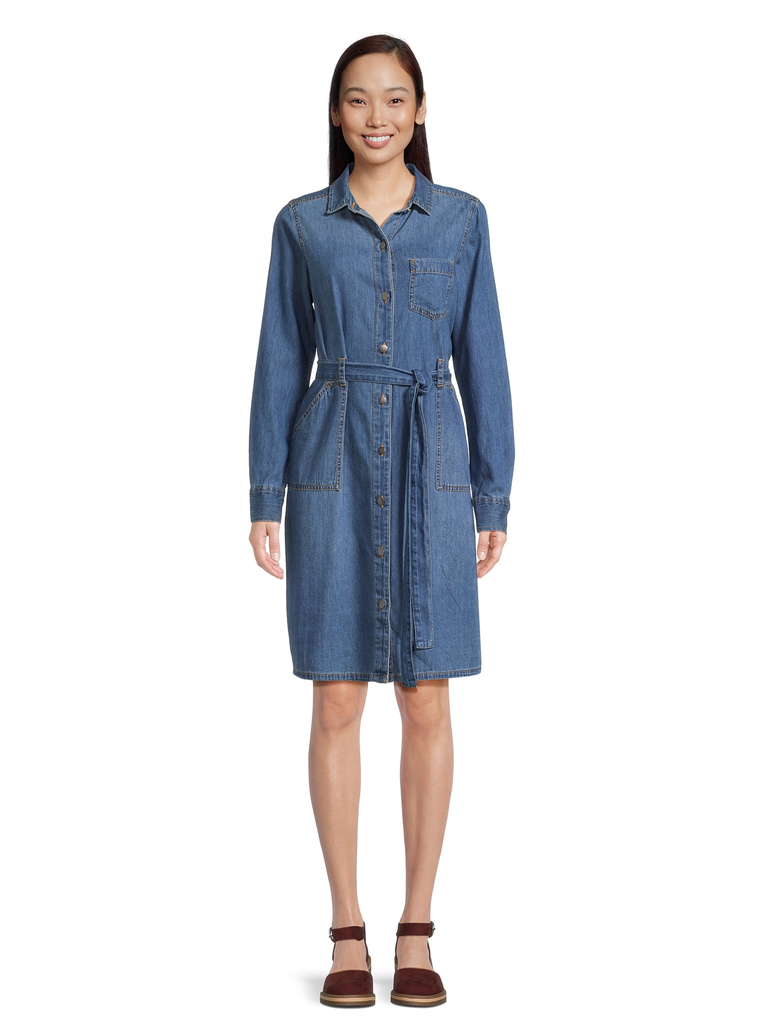 Time and tru women's belted midi shirt dress with pocket cheap