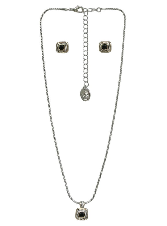 Women's Black Square Pendant Necklace and Earring Set