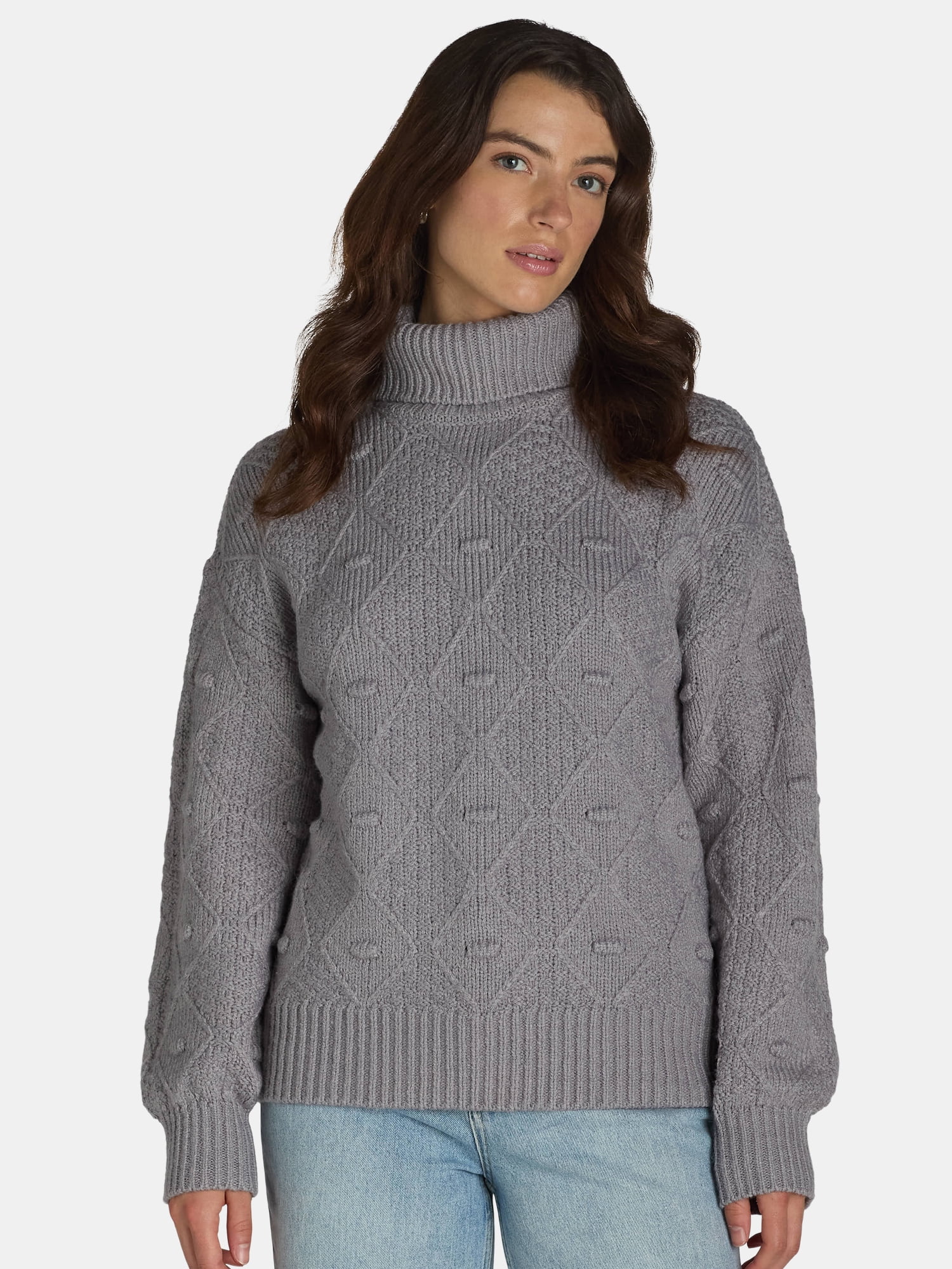 Time and Tru Women's Plus Bobble Knit Turtleneck Sweater, Midweight, Sizes 1X-4X