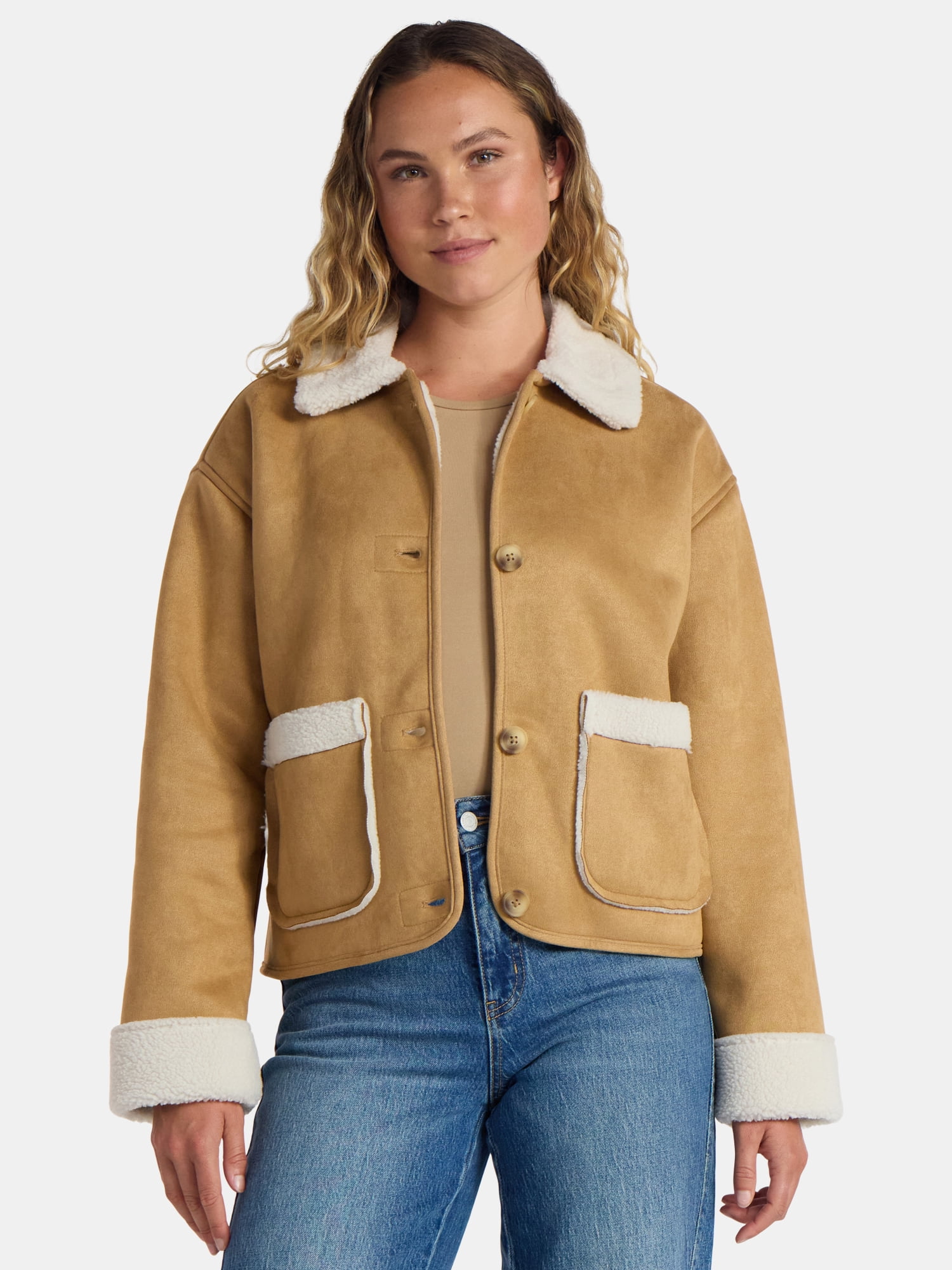 Time and Tru Women's and Women's Plus Bonded Faux Shearling Jacket, Sizes XS-2X