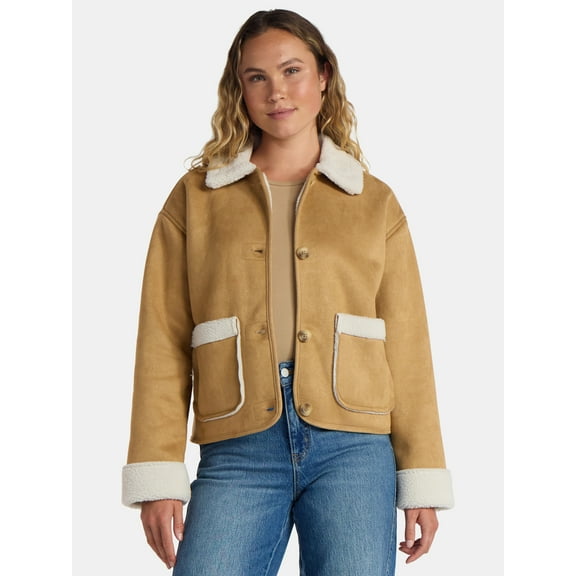 Time and Tru Women's and Women's Plus Bonded Faux Shearling Jacket, Sizes XS-2X