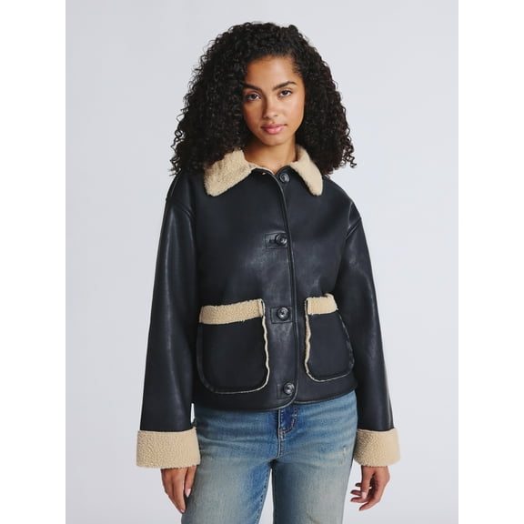 Time and Tru Women's and Women's Plus Bonded Faux Shearling Jacket, Sizes XS-2X