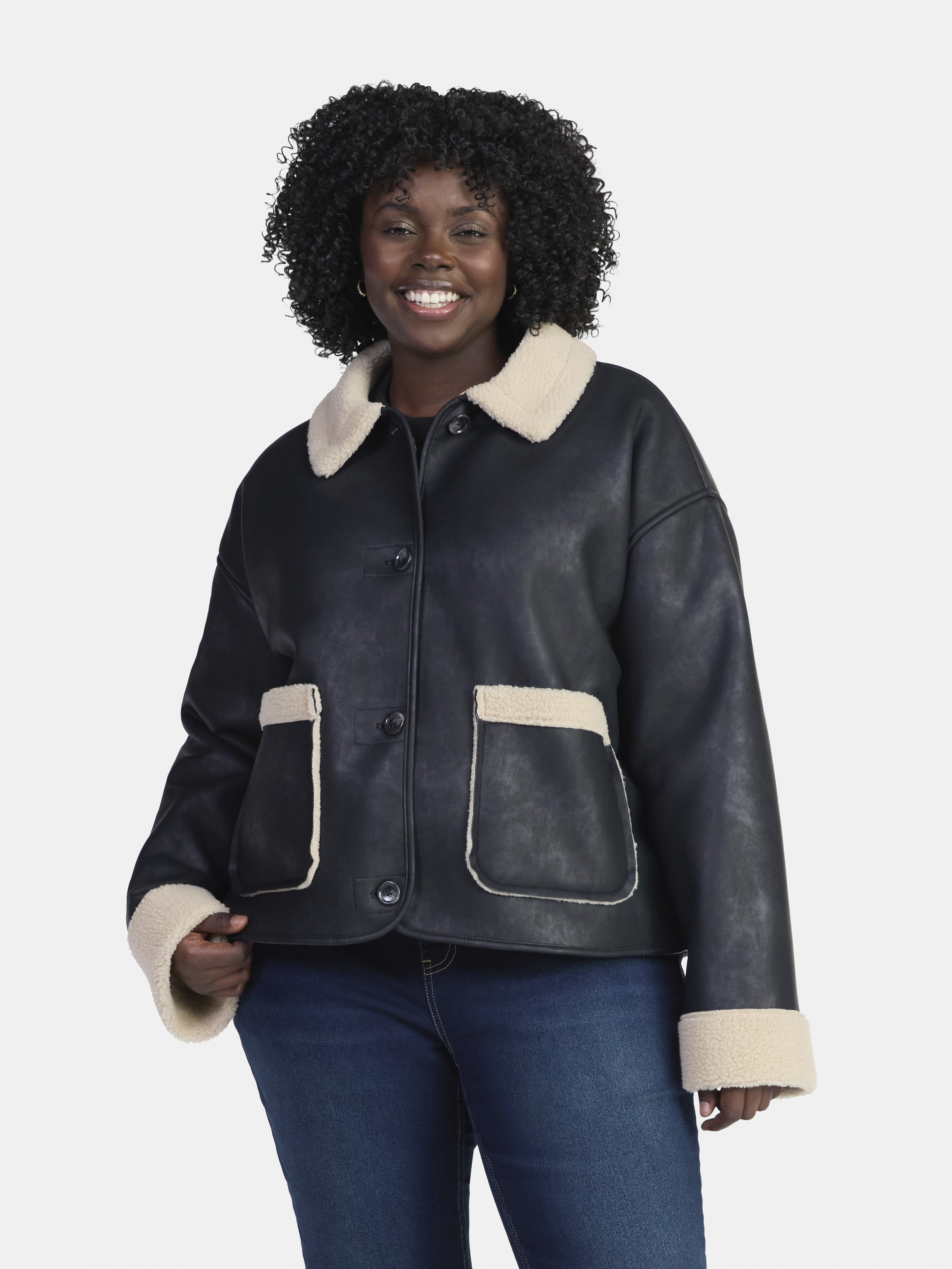 Time and Tru Women's and Women's Plus Bonded Faux Shearling Jacket, Sizes XS-2X