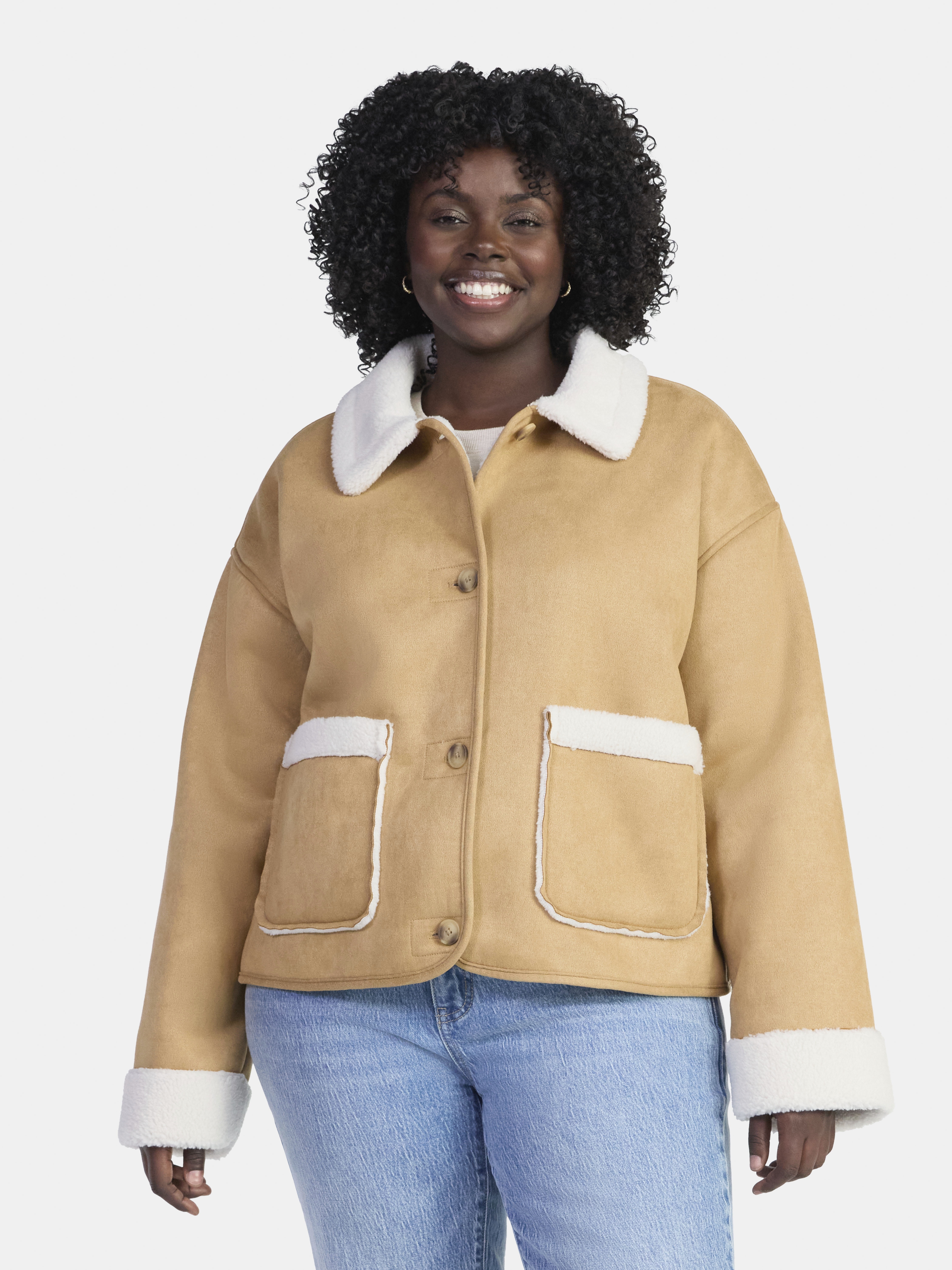 Time and Tru Women's and Women's Plus Bonded Faux Shearling Jacket, Sizes XS-2X