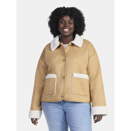 Time and Tru Women's and Women's Plus Bonded Faux Shearling Jacket, Sizes XS-2X