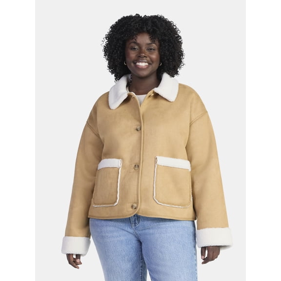 Time and Tru Women's and Women's Plus Bonded Faux Shearling Jacket, Sizes XS-2X