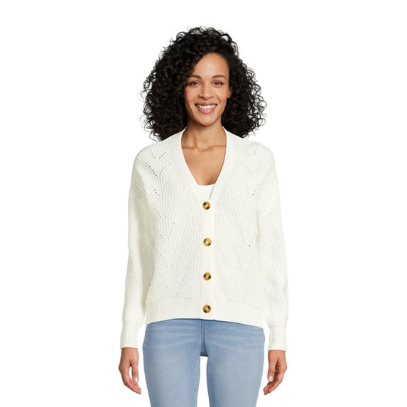 Time and Tru Women's Boyfriend Pointelle Cardigan, Sizes XS-3XL