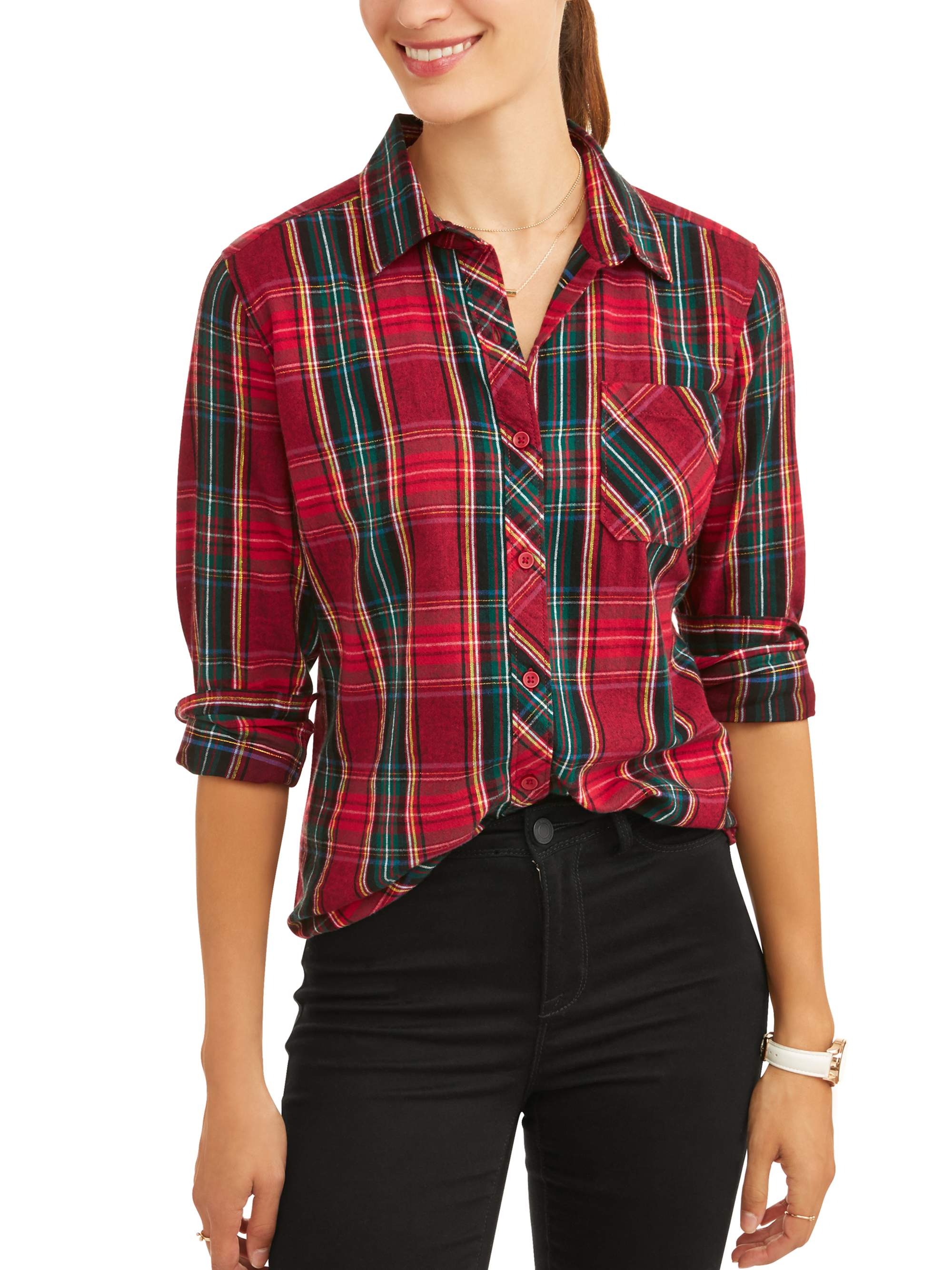 Time and Tru Women's Brushed Cotton Plaid Shirt - image 1 of 6