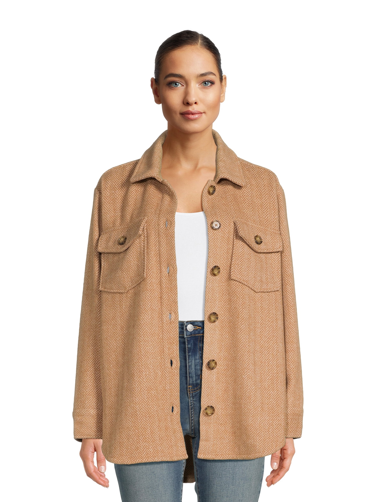 Time and Tru Women's Brushed Herringbone Shacket, Sizes XS XXXL