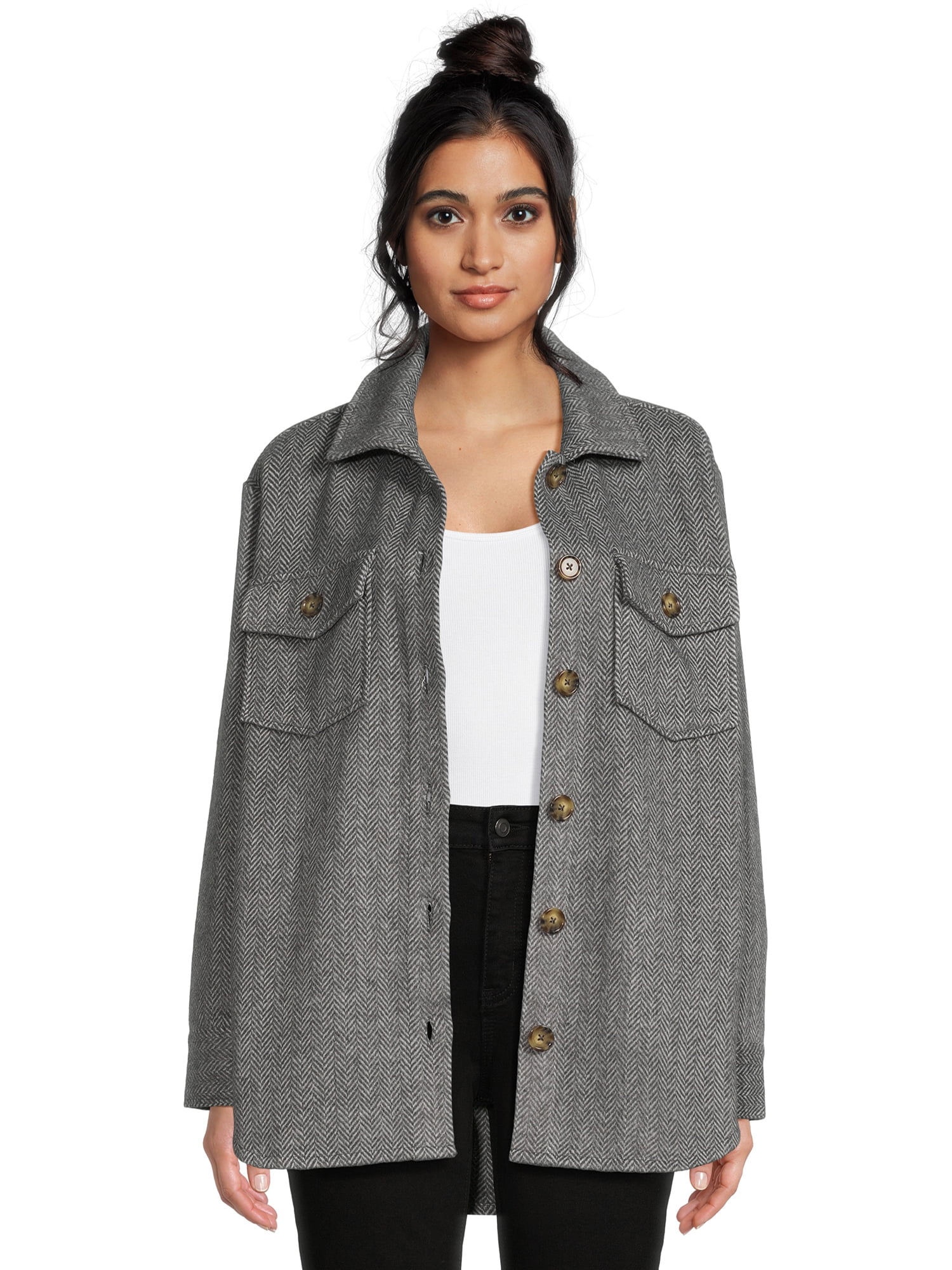 Time and Tru Women's Brushed Herringbone Shacket, Sizes XS XXXL