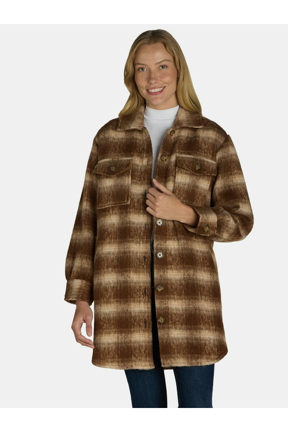 Women's Long Line Plaid Button Down Shacket, XS – XXXL