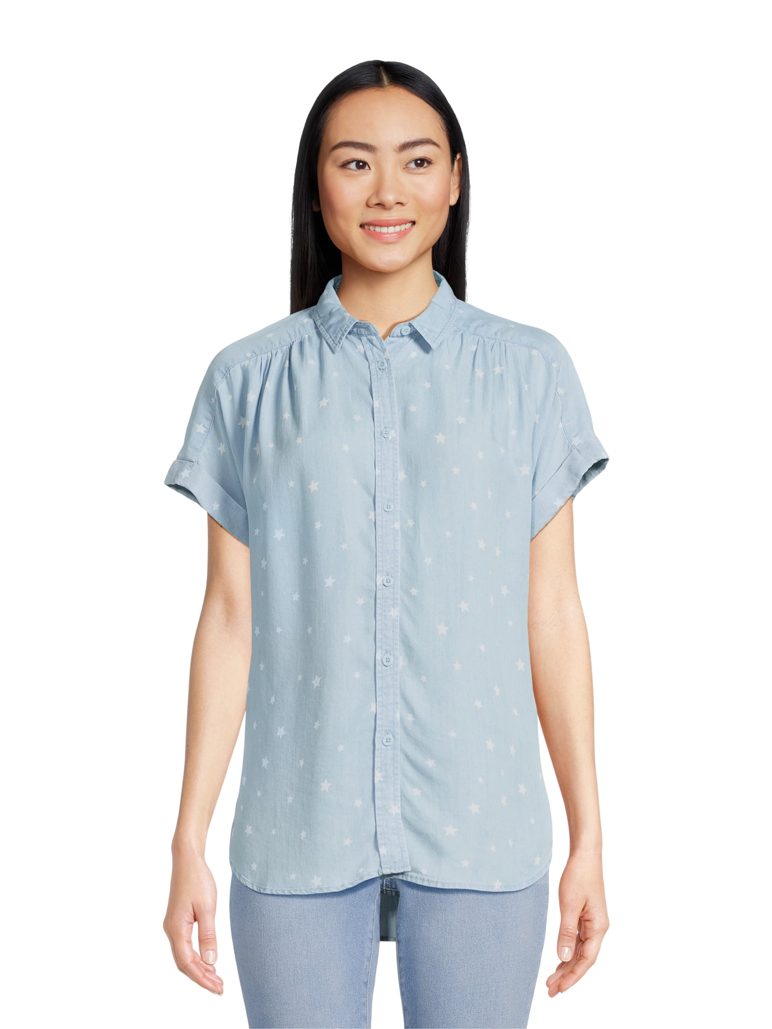 Time and Tru Women's Button Down Camp Shirt with Roll Cuff Sleeves