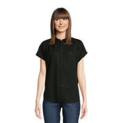 Time and Tru Women's Button Down Camp Shirt with Roll Cuff Sleeves, Sizes XS-XXXL