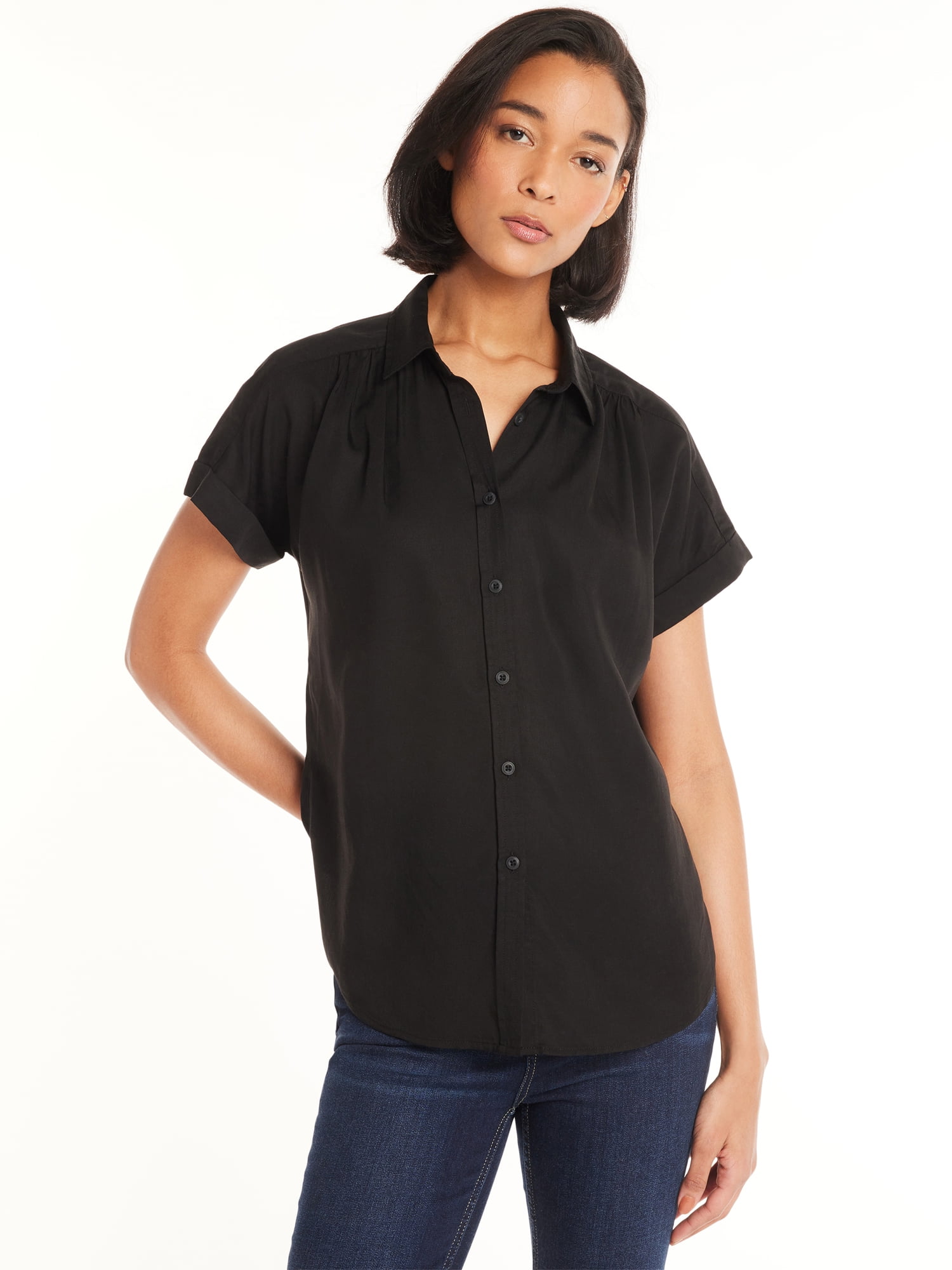 Time and Tru Women's Button Down Camp Shirt with Roll Cuff Sleeves