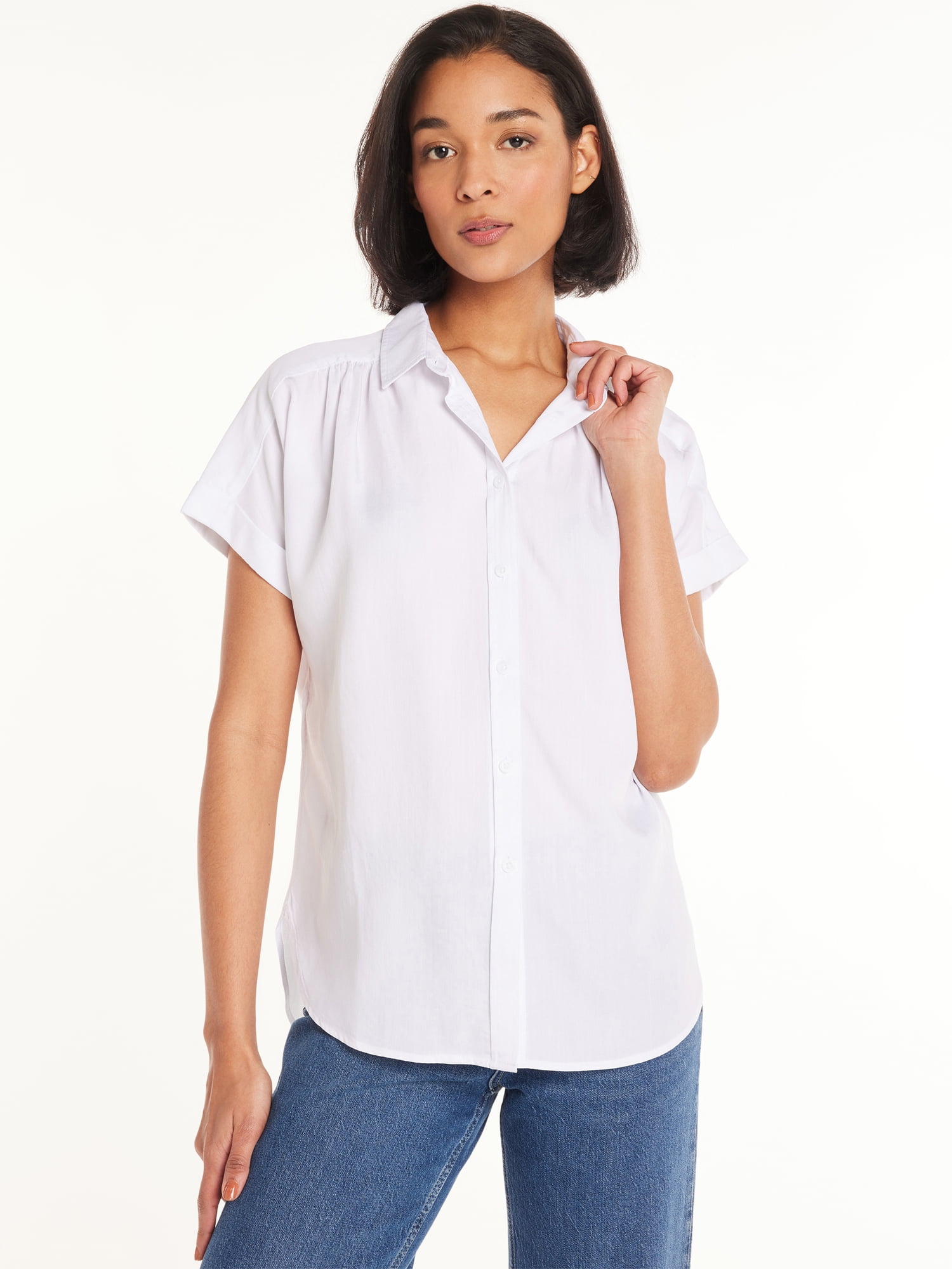 Time and Tru Women's Button Down Camp Shirt with Roll Cuff Sleeves