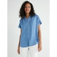Time and Tru Women's Button Down Camp Shirt with Roll Cuff Sleeves
