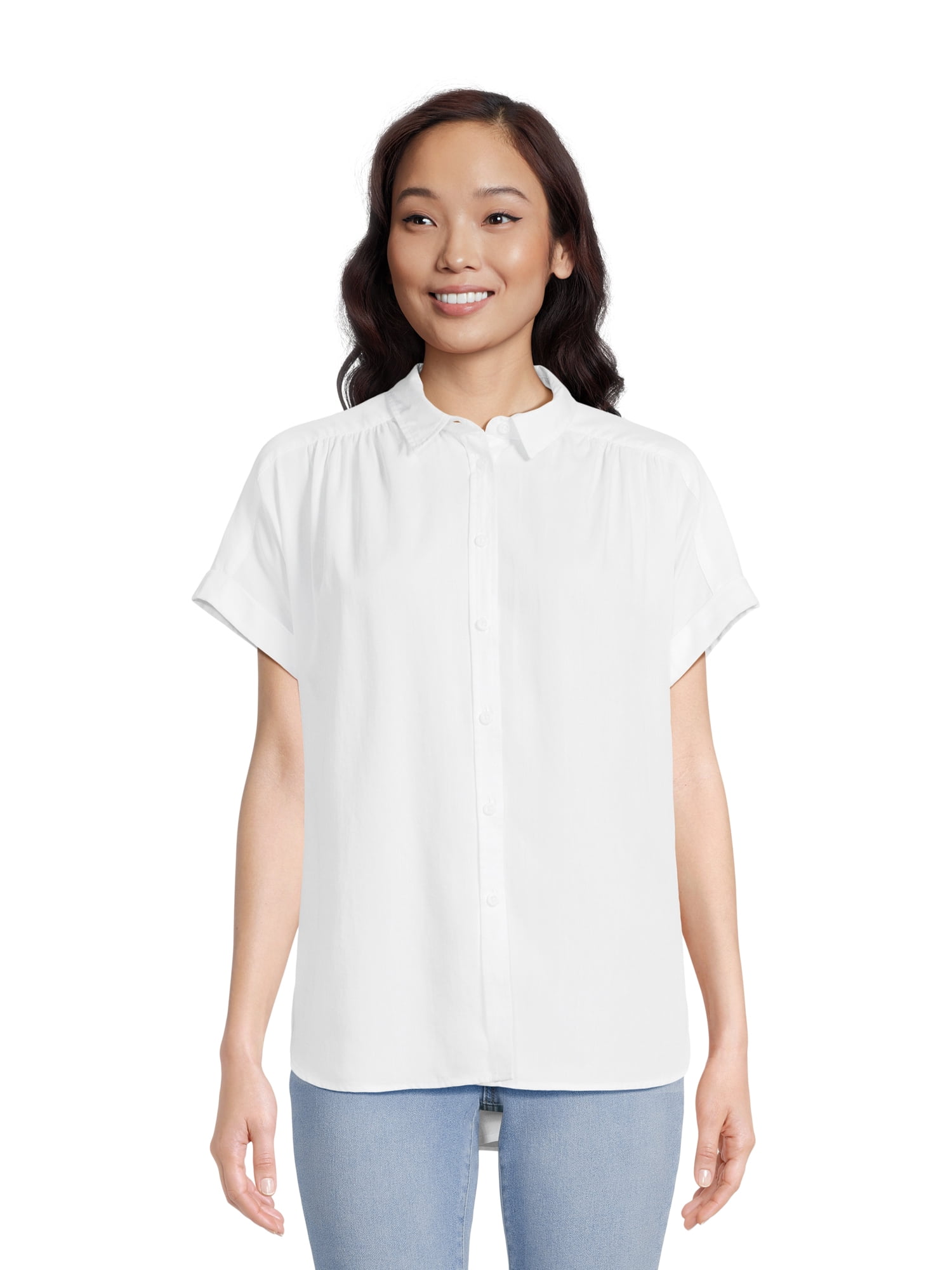 Time and Tru Women's Button Down Camp Shirt with Roll Cuff Sleeves