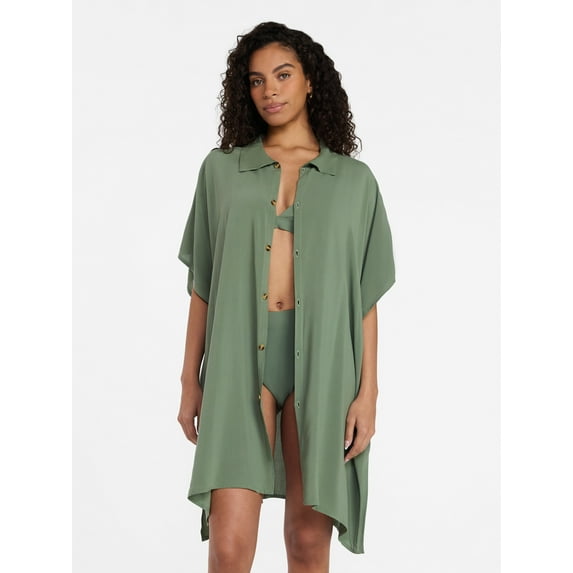 Time and Tru Women's Green Button-Down Coverup, Summer Fashion, Size Options: XXL/XXXL