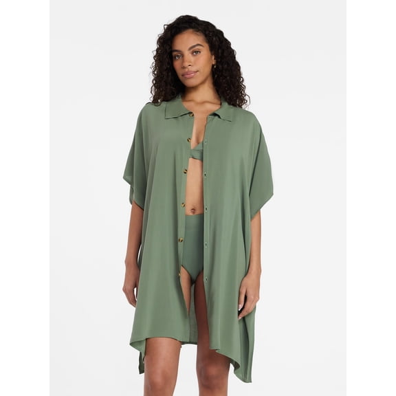Time and Tru Women's Green Button-Down Coverup, Summer Fashion, Size Options: XXL/XXXL