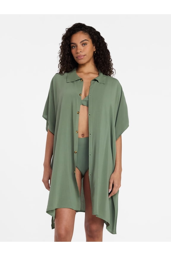 Women's Button-Down Coverup, Small/Medium, Green, Summer Fashion