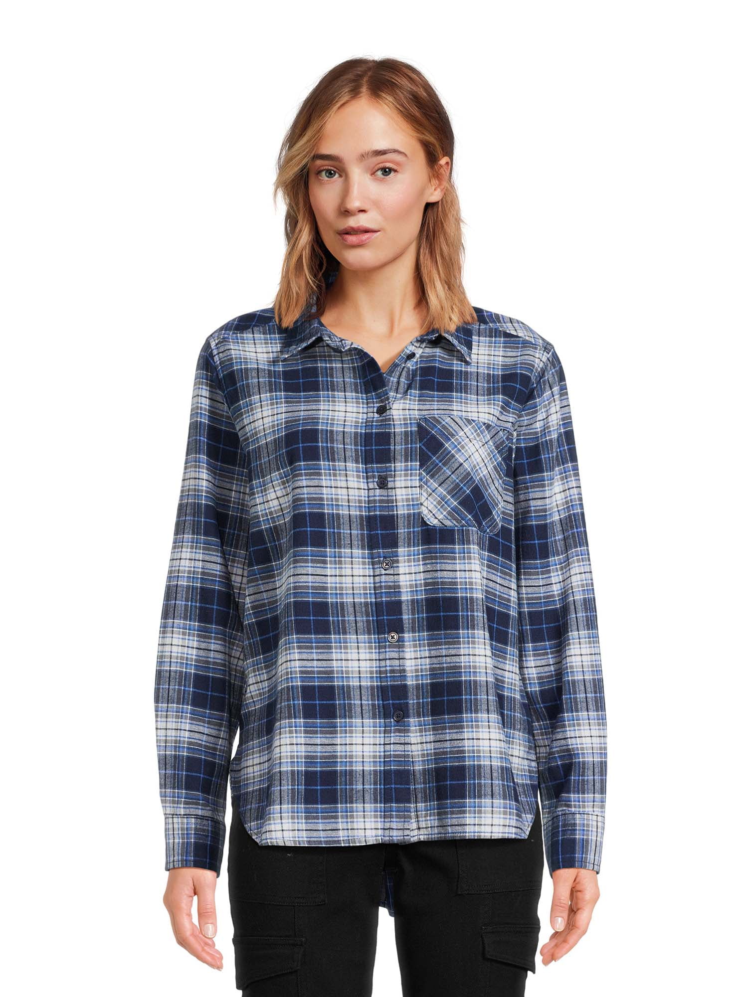 Time and Tru Women's Button Down Flannel Shirt with Long Sleeves, Sizes
