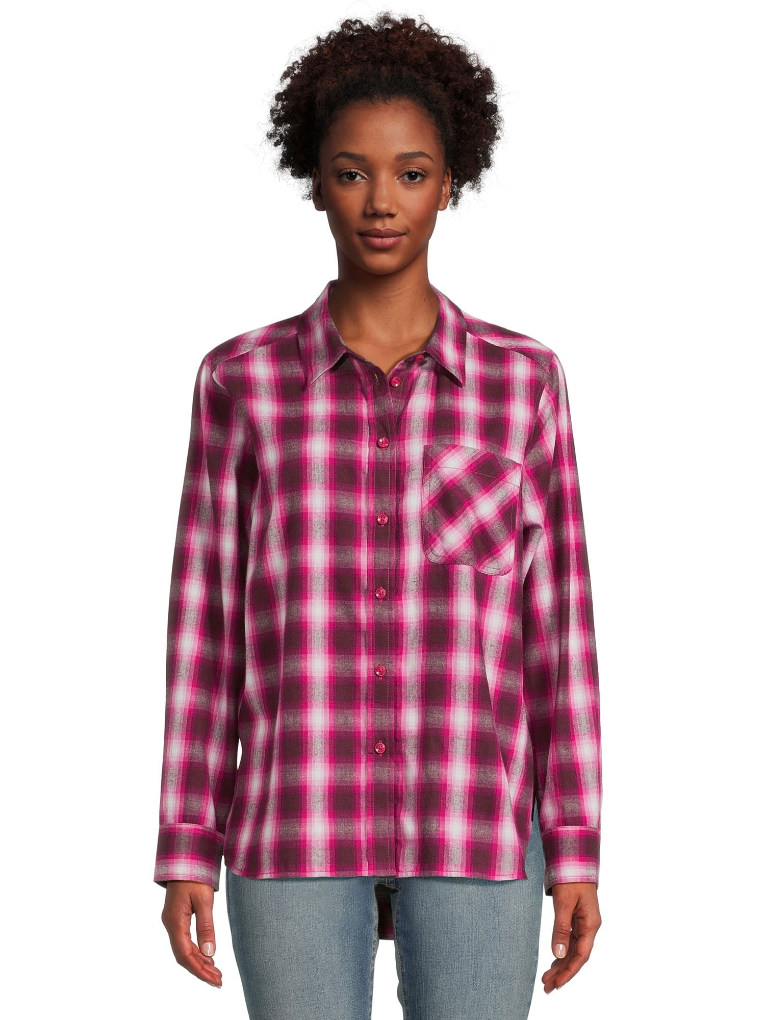 Time and Tru Women's Button Down Flannel Shirt with Long Sleeves, Sizes ...
