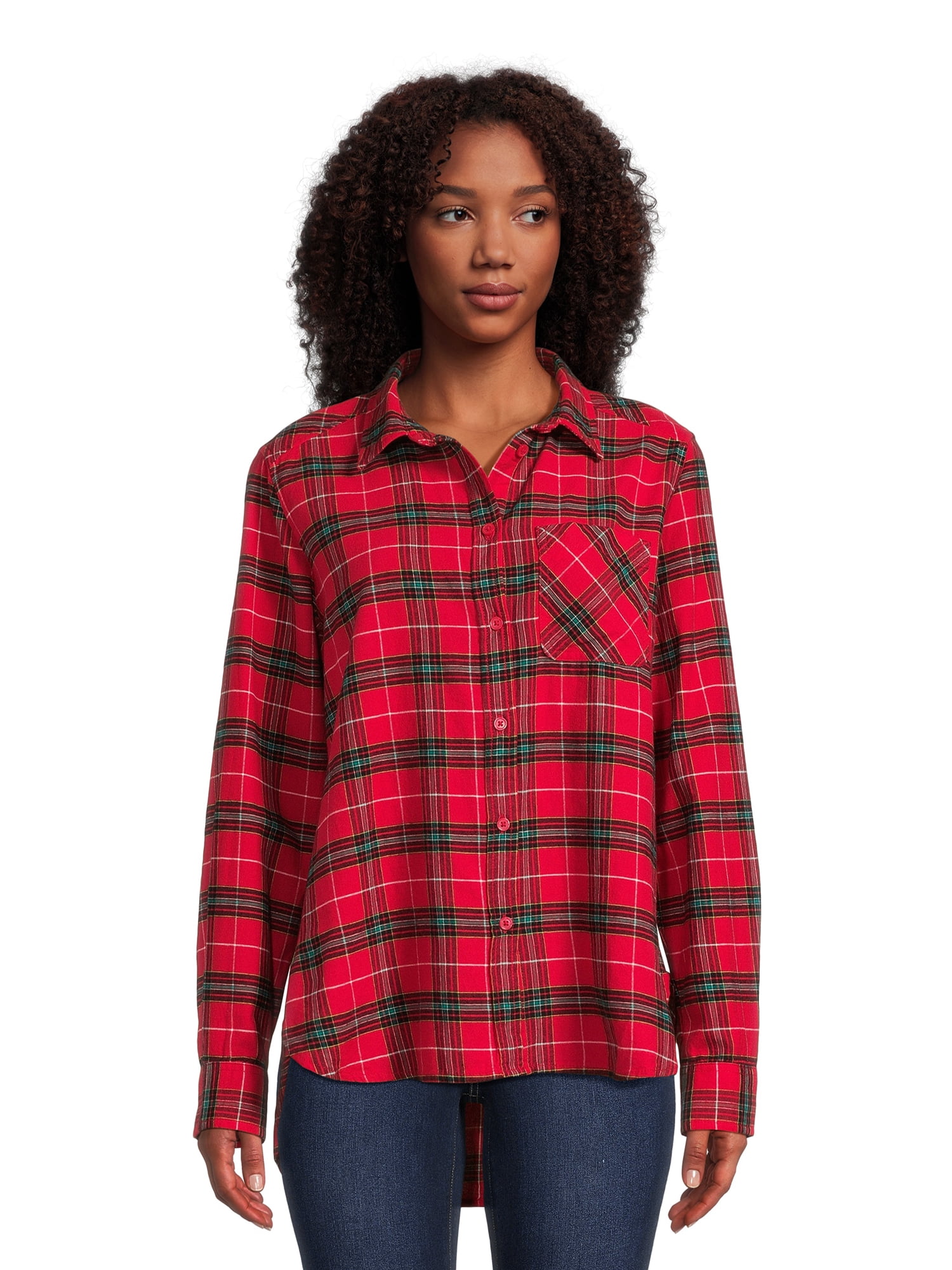 Time and Tru Women's Button Down Flannel Shirt with Long Sleeves, Sizes ...